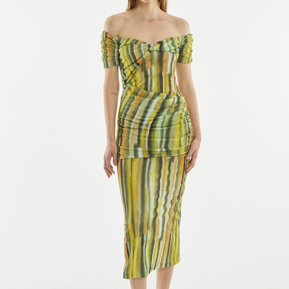 [New] Third Form Striped Off-Shoulder Midi Dress